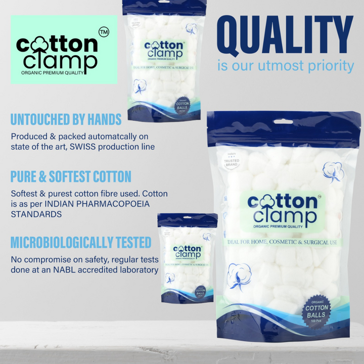 Cotton Clamp Organic Premium Quality Cotton Balls - 3 pack 100 Pcs (Ideal for Home, Cosmetic & Surgical Use)