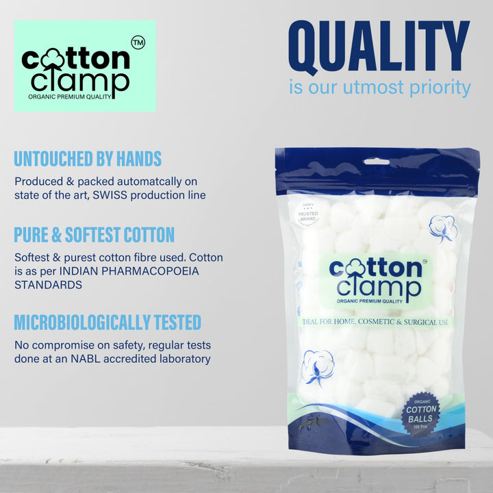 Cotton Clamp Organic Premium Quality Cotton Balls - 3 pack 100 Pcs (Ideal for Home, Cosmetic & Surgical Use)